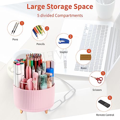 EDENMS Desk Pencil Pen Holder, 5 Slots 360°Degree Rotating Organizers for Desk, Desktop Storage Stationery Supplies Organizer, Cute Cup Pot Office, School, Home, Art Supply, Pink - Image 3