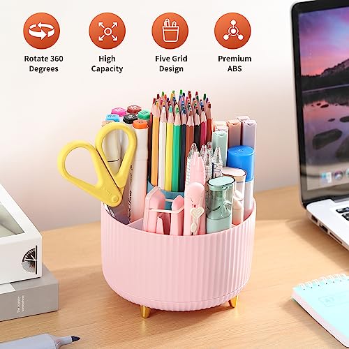 EDENMS Desk Pencil Pen Holder, 5 Slots 360°Degree Rotating Organizers for Desk, Desktop Storage Stationery Supplies Organizer, Cute Cup Pot Office, School, Home, Art Supply, Pink - Image 2