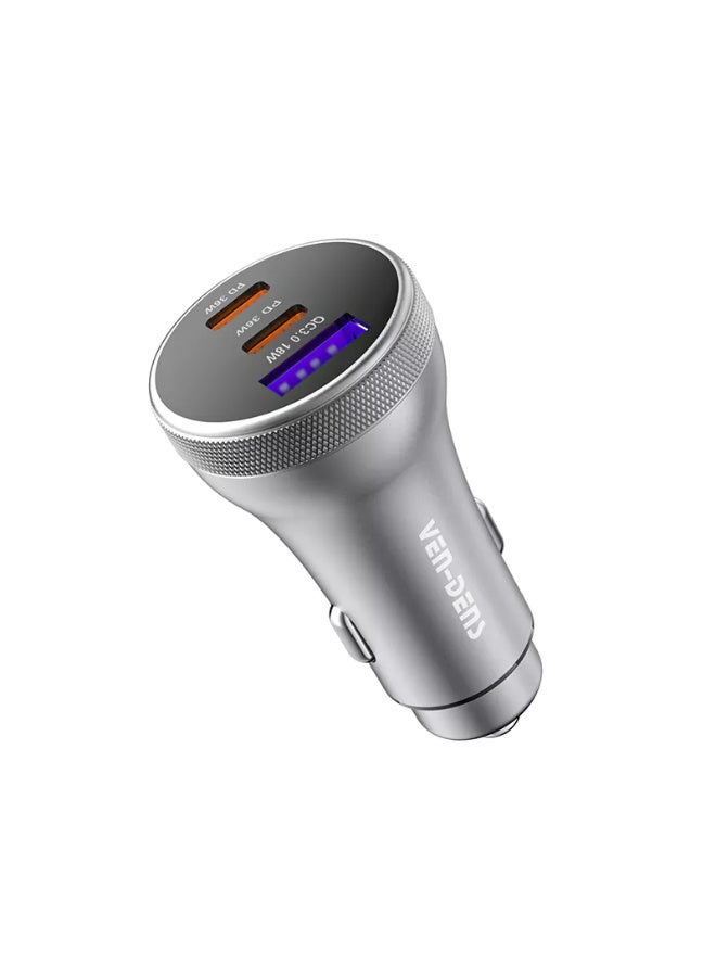 فين ديونز شاحن سيارة فين-دنس VD-CC012 بقوة 90 واط بمنفذ USB-C (فضي) – 3 منافذ بقوة 36+36+18 واط، شحن سريع بتقنيات QC5.0 وPPS وPD3.0، إضاءة LED، متوافق مع آيفون وسامسونج جالاكسي وآيباد - Image 1