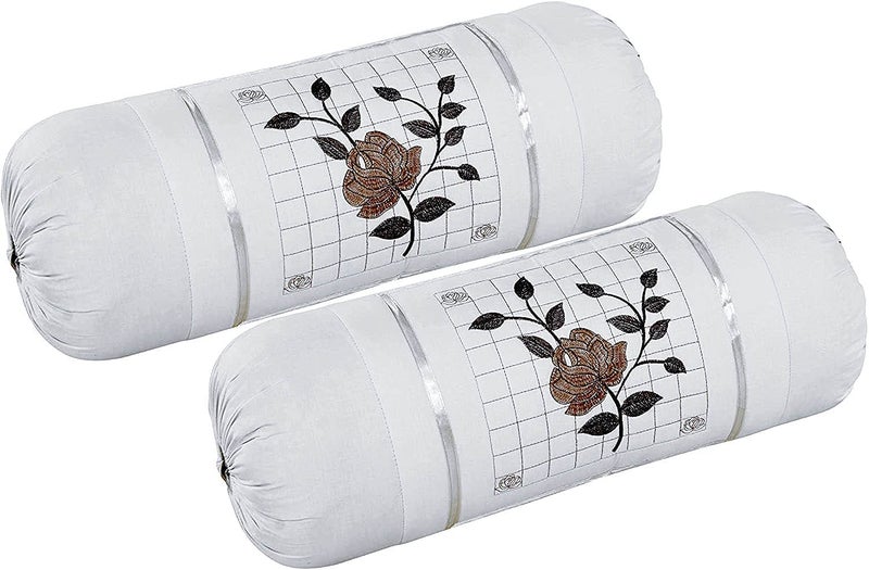 HSR Collection Cotton Embroidreed Bolsters Covers with teing Thread (32 x 16 Inches, White) - Set of 2 - Image 1