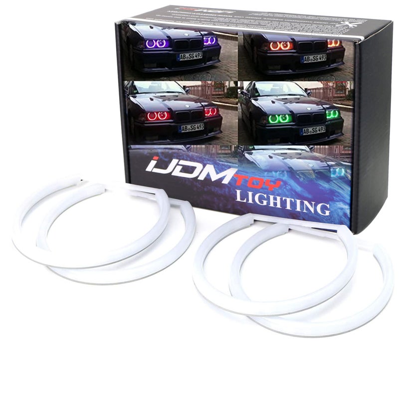 iJDMTOY 4pc Set 7Color RGB LED Angel Eye Halo Rings wAdjustable Setting Compatible with BMW E39 E46 3 5 7 Series Xenon Trim