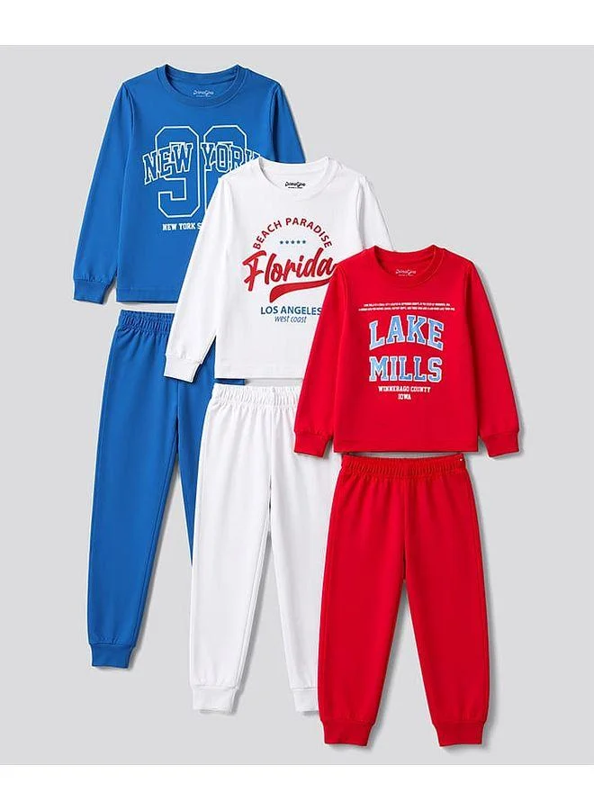 Primo Gino Primo Gino 100% Cotton Full Sleeves T-Shirt and Pyjama Night Suits with Text Print Pack of 3 - Red/Blue/White