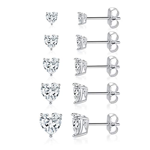 MDFUN 18K White Gold Plated Heart Shape Cut Cubic Zirconia Birthstone Stud Earring Pack of 5 Pairs (4-April-Diamond) - Image 1