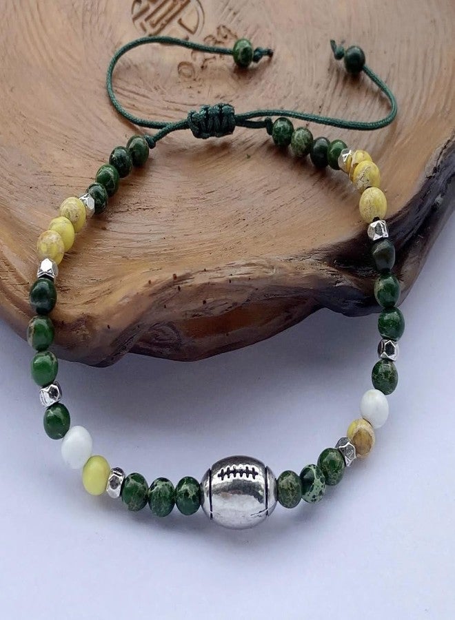 DOLON 4mm Imperial Jasper Stone Handwoven Beaded Bracelet for Football Fans,Game Day Team Jewelry Gift for Sports Players & Lovers Green/Yellow/White - Image 2