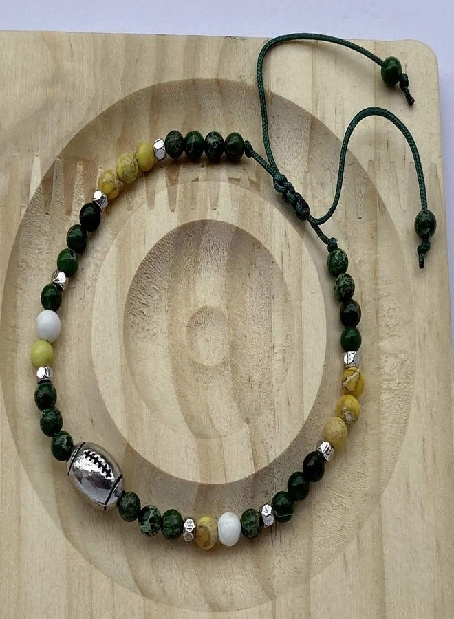 DOLON 4mm Imperial Jasper Stone Handwoven Beaded Bracelet for Football Fans,Game Day Team Jewelry Gift for Sports Players & Lovers Green/Yellow/White - Image 3