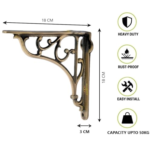 GHAR DWAR Metal Handcrafted Shelf Bracket for Floating Shelves L Angle Decorative L Shaped Corner Brace Joint Heavy Duty Wall Mounted Shelf Supporter Brace Holder (Brass Antiq, Pack of 4) - Image 4