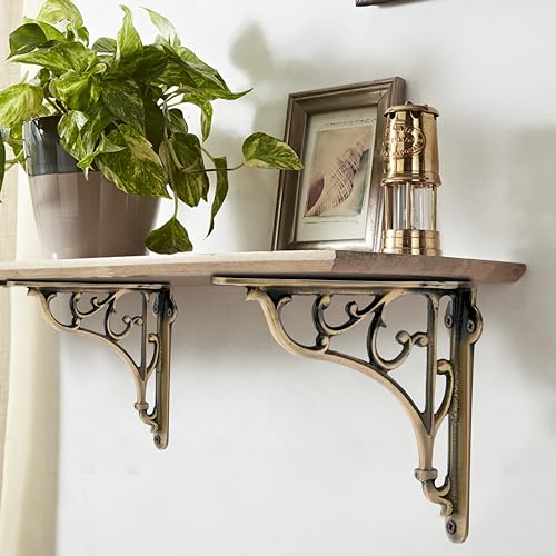 GHAR DWAR Metal Handcrafted Shelf Bracket for Floating Shelves L Angle Decorative L Shaped Corner Brace Joint Heavy Duty Wall Mounted Shelf Supporter Brace Holder (Brass Antiq, Pack of 4) - Image 3