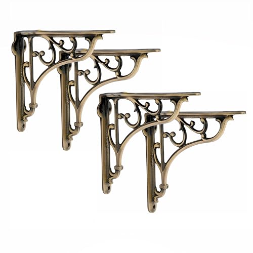GHAR DWAR Metal Handcrafted Shelf Bracket for Floating Shelves L Angle Decorative L Shaped Corner Brace Joint Heavy Duty Wall Mounted Shelf Supporter Brace Holder (Brass Antiq, Pack of 4) - Image 1