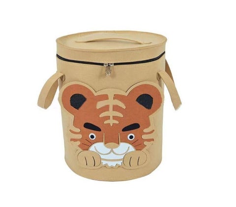 Premium Cute Tiger Laundry Hamper and Toy Storage Basket - Heavy-Duty Portable Nursery Fabric Organizer - Durable Foldable Felt Canvas Storage Bin with Zippered Lid & Side Handles for Kids Room (Sleek Space-Saving Collapsible Profile) - Manual Domestic Toy Inventory Convenience & Wardrobe Care Asset Management Template