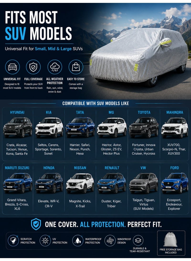إي وورلد غطاء سيارة SUV فاخر لجميع الأحوال الجوية - حماية مقاومة للماء بثلاث طبقات، درع ضد الأشعة فوق البنفسجية والحرارة، مقاوم للغبار والخدوش مع أحزمة وحقيبة تخزين - Image 3