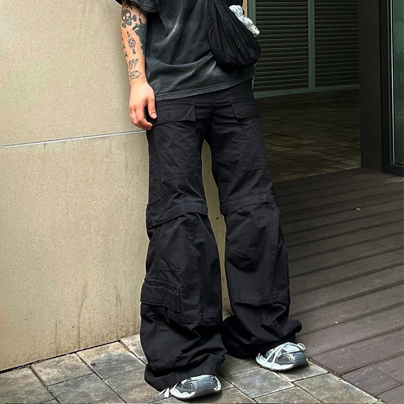 High Street Cargo Pocket Horn Cargo Pants Mens Paris Style Travis Scott ts Pleated Loose Black