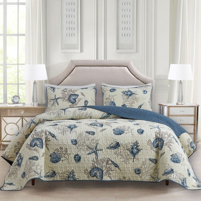 COASTAL BEACH THEME QUILT SET WITH SHAMS QUEEN NAUTICAL COVERLET COTTON BEDSPREAD OCEAN BEDDING SET SEA SHELL CONCH CORAL STARFISH COMFORTER SET BEIGEFULLQUEEN3 PIECES