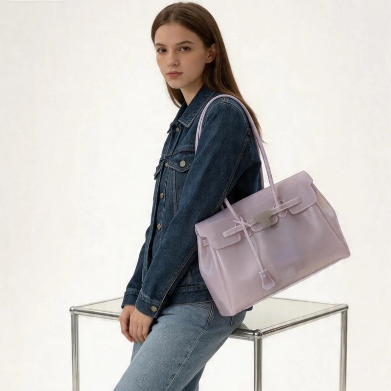 Women's TPU Jelly Kelly Tote Bag, Summer Handbag with Flap Closure - Image 4