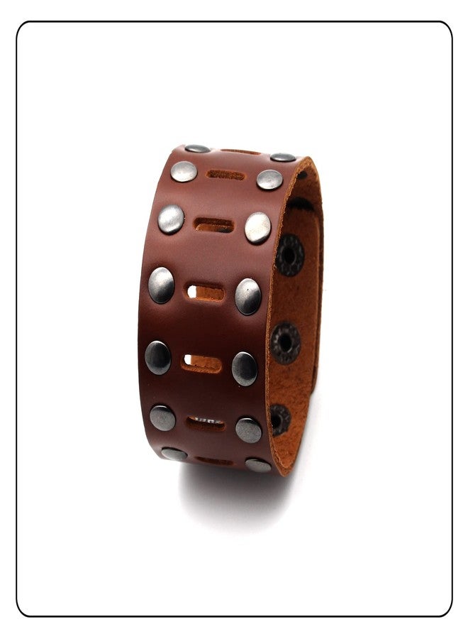 Fusamk Punk Rock Double Row Rivets Wristband Hollow Wide Leather Cuff Bracelet(Brown) - Image 4