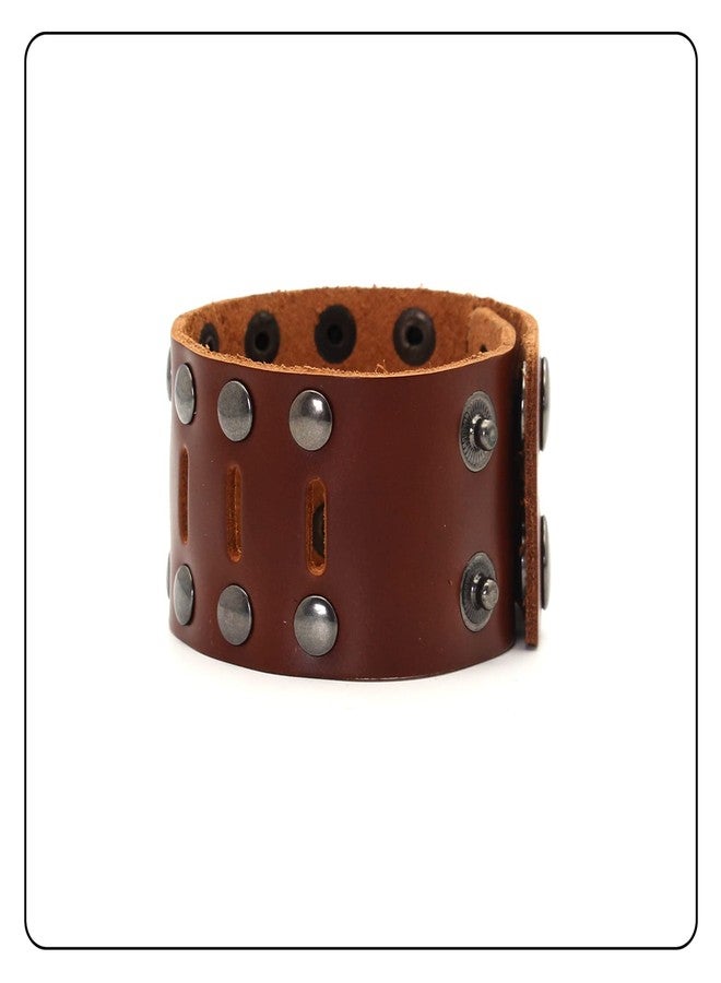 Fusamk Punk Rock Double Row Rivets Wristband Hollow Wide Leather Cuff Bracelet(Brown) - Image 5