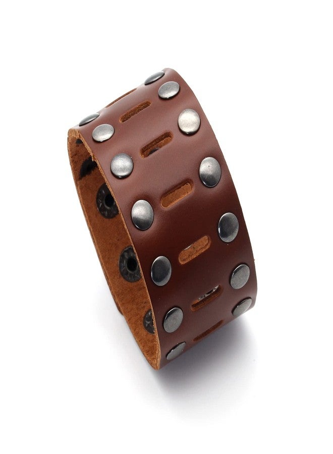 Fusamk Punk Rock Double Row Rivets Wristband Hollow Wide Leather Cuff Bracelet(Brown) - Image 1
