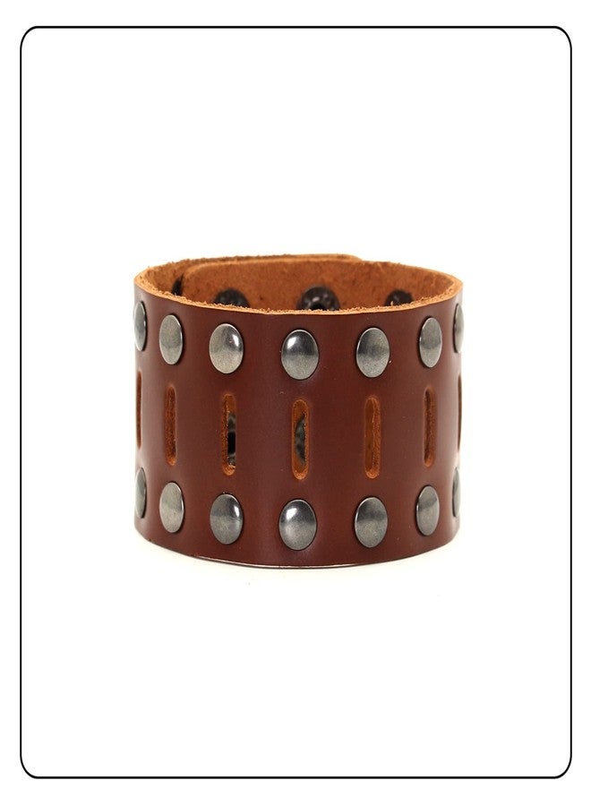 Fusamk Punk Rock Double Row Rivets Wristband Hollow Wide Leather Cuff Bracelet(Brown) - Image 2