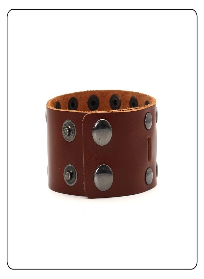 Fusamk Punk Rock Double Row Rivets Wristband Hollow Wide Leather Cuff Bracelet(Brown) - Image 3