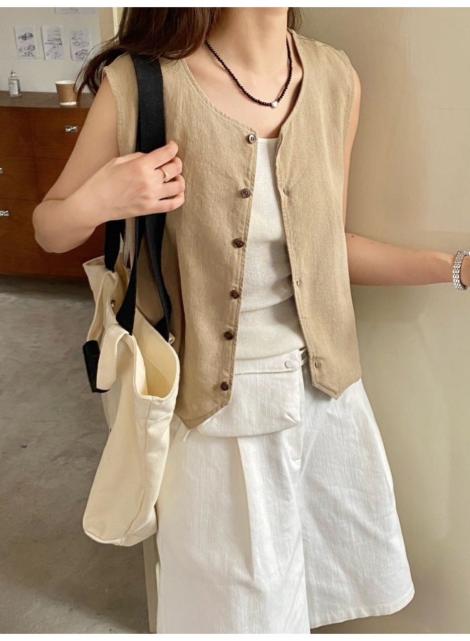 New Korean Style Loose Slimming All-match Solid Color Round Neck Sleeveless Vest Linen Vest Women's Waistcoat 