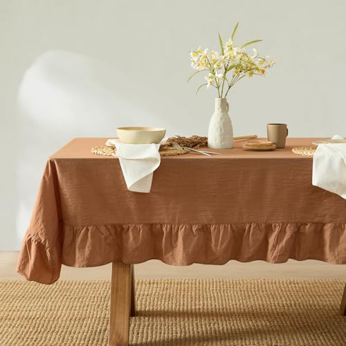 MONDAY MOOSE Ruffle Farmhouse Rustic Rectangle Natural Stonewashed Cotton Tablecloth for Kitchen, Dining Room, Restaurant (55x70 inch, Cinnamon) - Image 1
