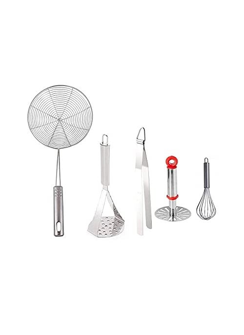 Pass Pass pass pass Kitchen Tools Combo of Stainless Steel Fry Strainer Pav Bhaji MasherRoti Chimta Tong Egg Beater Whisk Silver Kitchen Tool Set  - Image 1