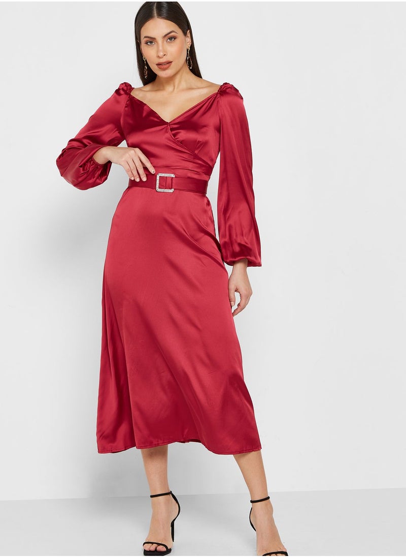 ELLA - Puff Sleeve Satin Dress - Image 1