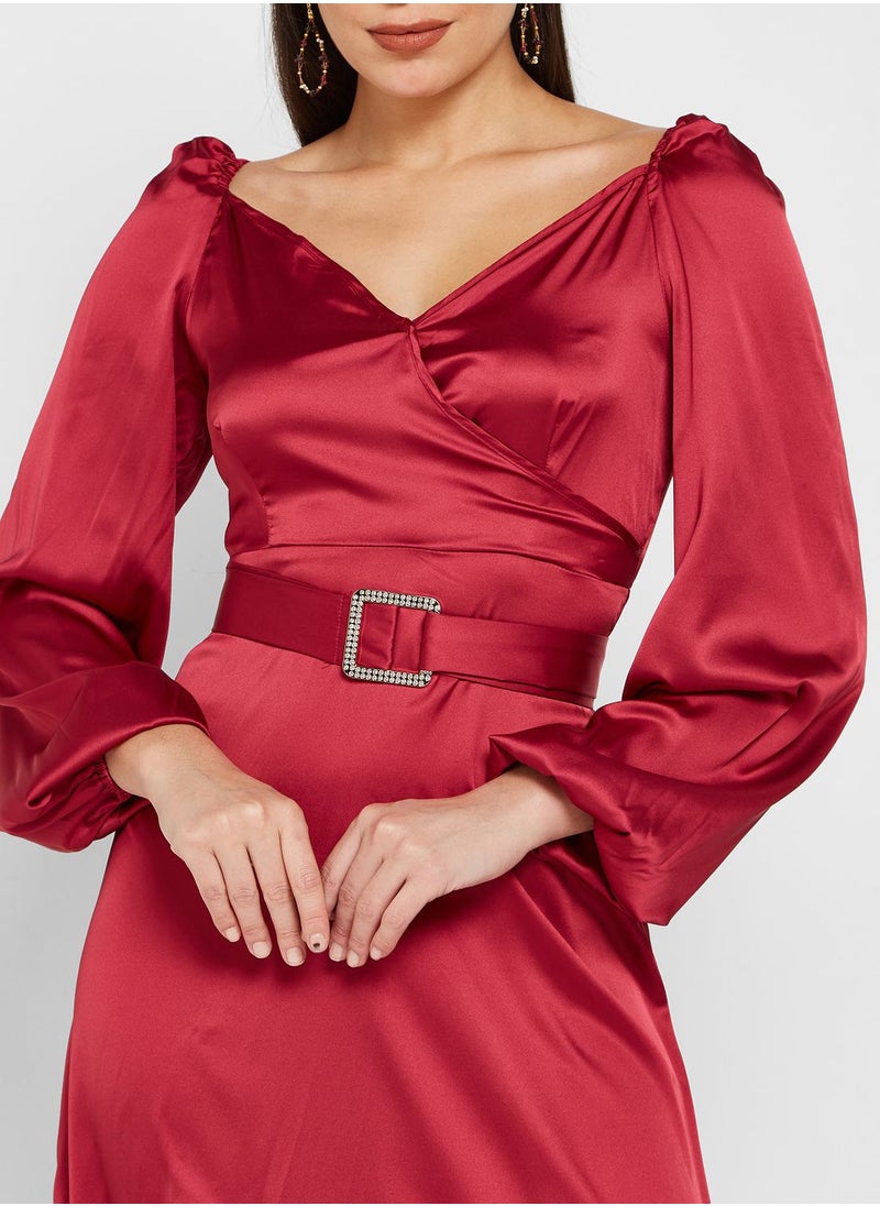 ELLA - Puff Sleeve Satin Dress - Image 1