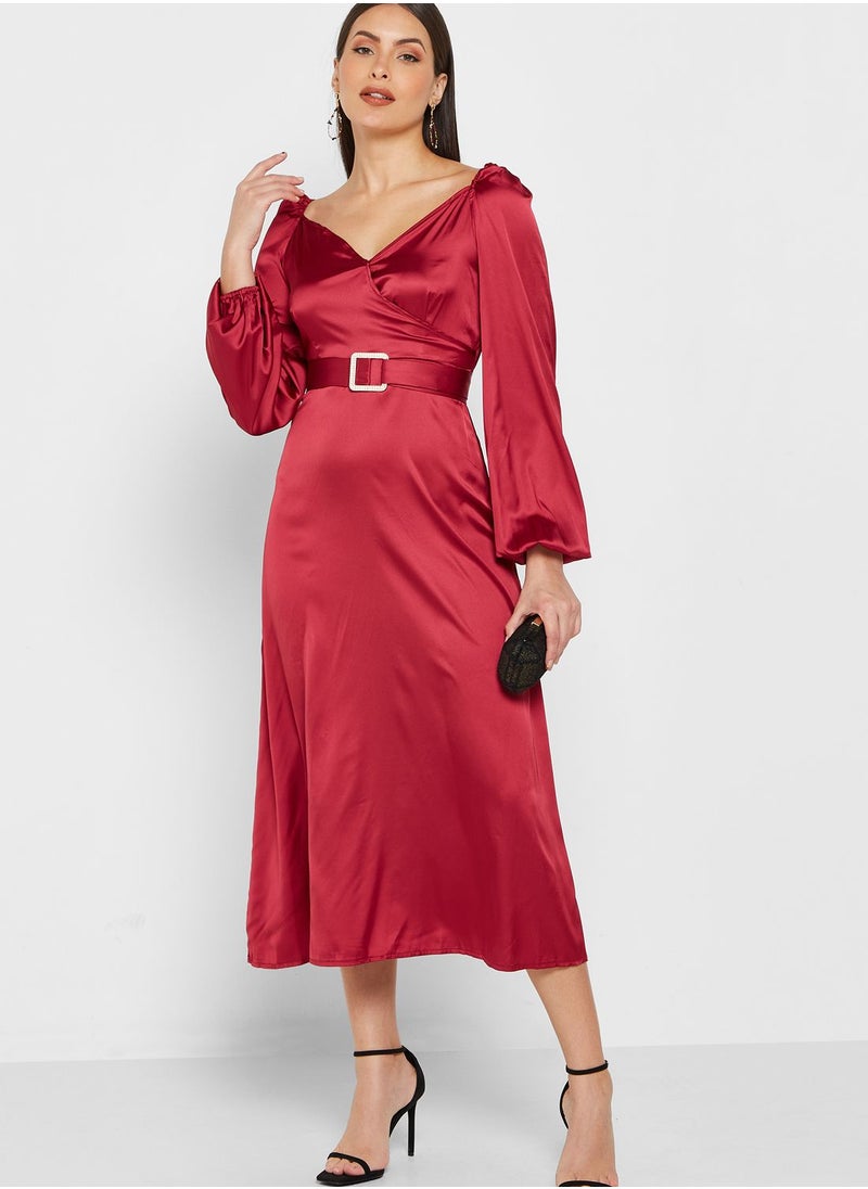 ELLA - Puff Sleeve Satin Dress - Image 1
