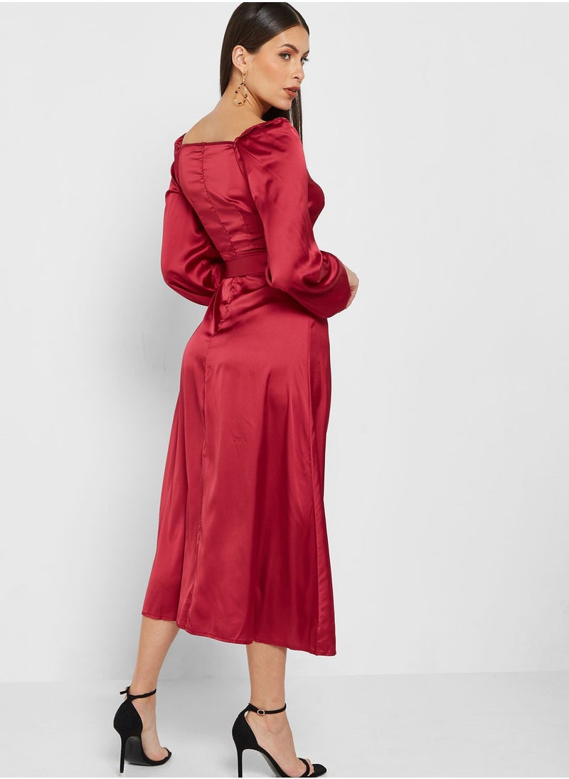 ELLA - Puff Sleeve Satin Dress - Image 1