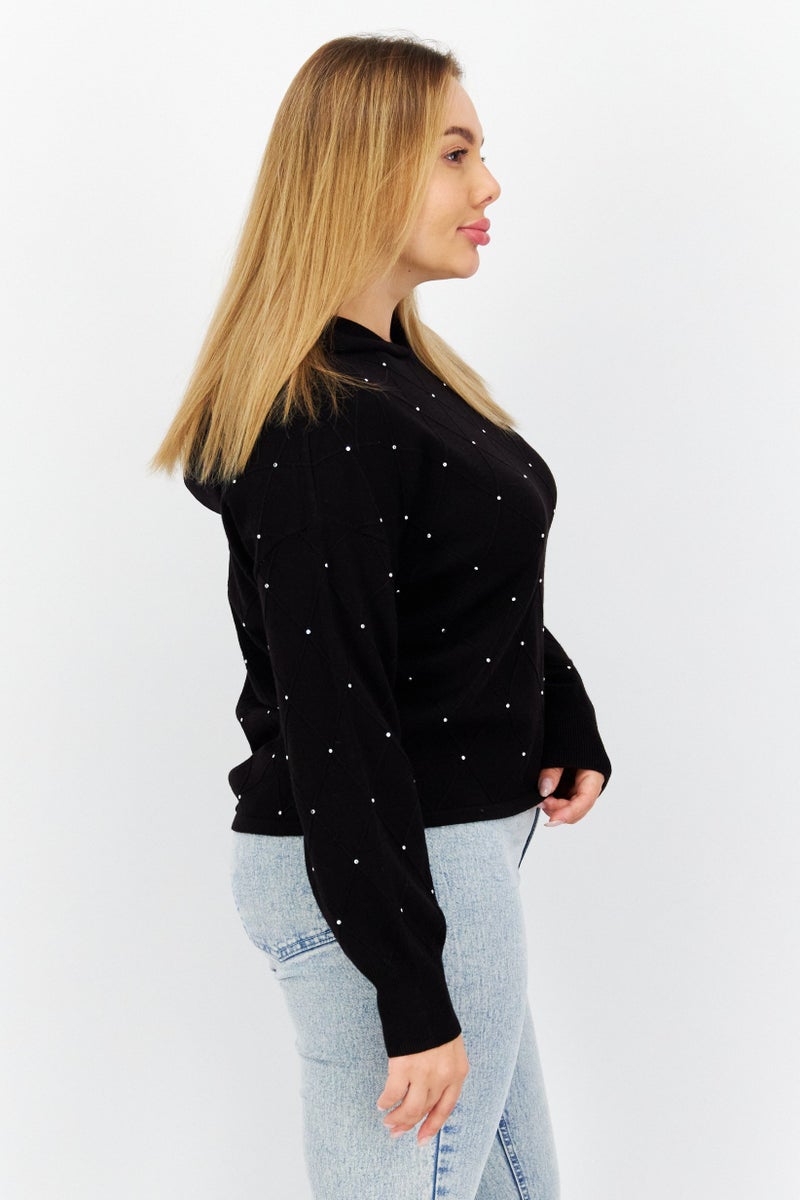 COMMA Women Hooded Long Sleeves Textured Sweatshirts, Black - Image 3