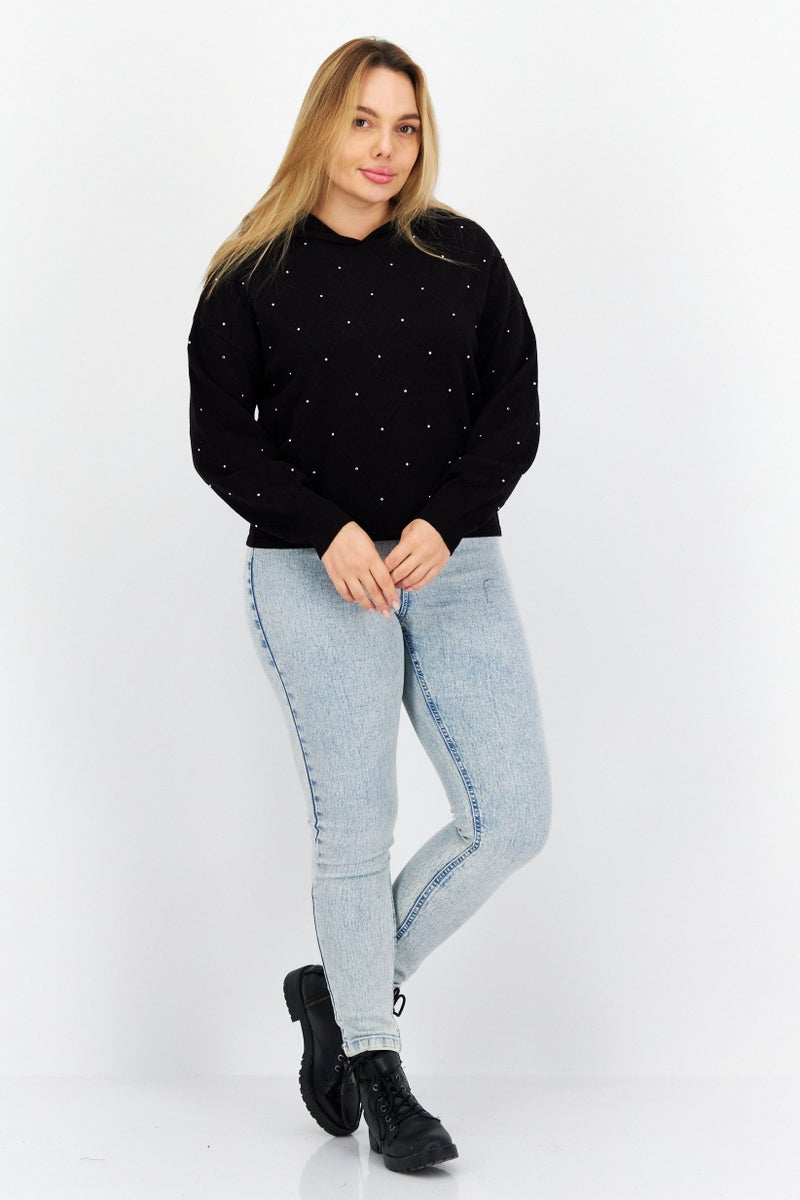 COMMA Women Hooded Long Sleeves Textured Sweatshirts, Black - Image 4