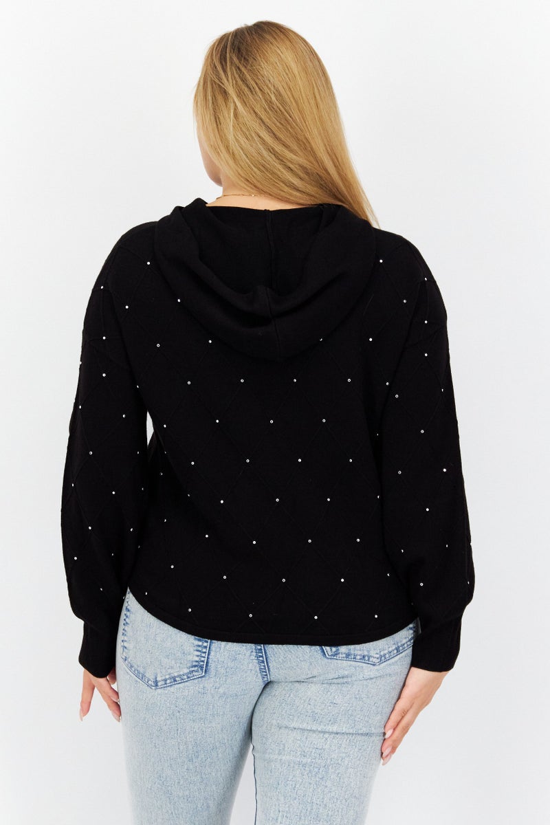 COMMA Women Hooded Long Sleeves Textured Sweatshirts, Black - Image 2