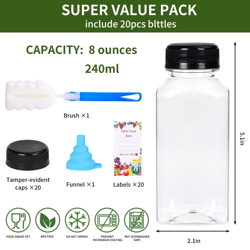 SUPERLELE 20pcs 8oz Juice Bottles  Empty Plastic Reusable Water Bottle  Clear Bulk Drink Containers with Black Tamper Evident Lids for Juicing  Smoothie  Drinking and Other Beverages - Image 2