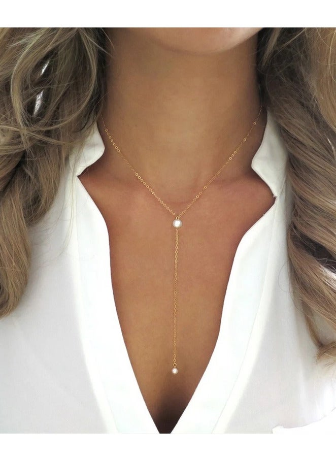 Gold Chain Necklace Imitating Pearl Necklace - Image 2