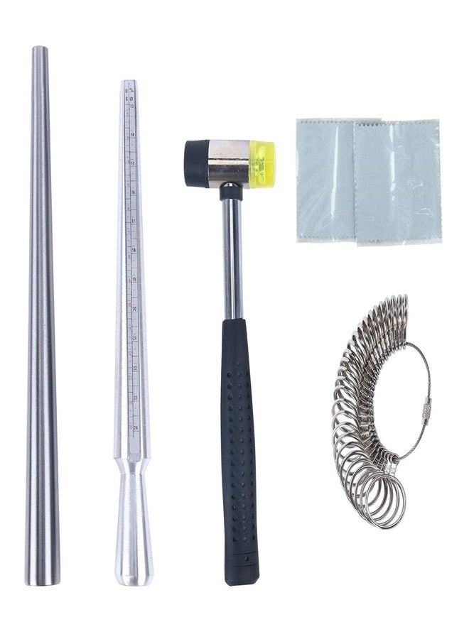 YaeKoo Jewelry Ring Mandrel Sizer Gauge Tools Set, Stainless Steel Ring Mandrel Rubber Hammer Measuring Stick Ring Size Gauge, 27 pcs Ring Sizer Gauge Circle Models and 2 pcs Cleaning Cloth (6 pcs) - Image 1