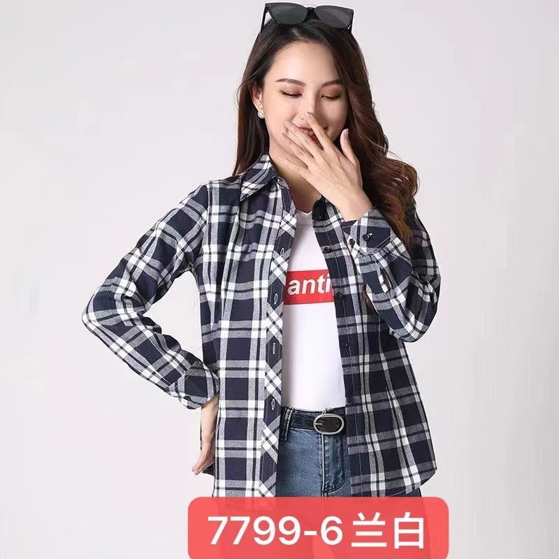 Plaid shirt long sleeve 2024 spring and summer New plus size students Korean version loose suit shirt sunscreen coat 7799-6 blue and white