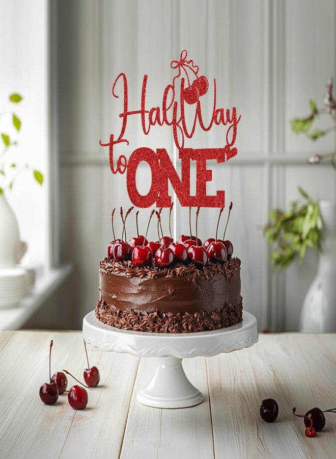 ZACHAKO Red Glitter Half Way to One Cake Topper, Cherry Sweet 6 Months Cake Décor, Cherry Summer Fruit Themed Baby's Half Birthday Baby Shower Party Decorations Supplies - Image 3