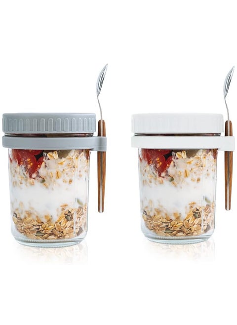 2PCS Overnight Oats Jars with Lid and Spoon,  350ml Large Capacity Airtight Oatmeal Container with Measurement Marks, Portable Jars Breakfast Container for Salads Yogurt Cereal Milk(White and Grey)
