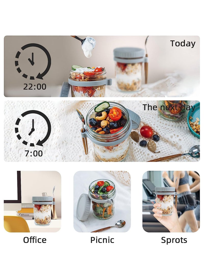 2PCS Overnight Oats Jars with Lid and Spoon,  350ml Large Capacity Airtight Oatmeal Container with Measurement Marks, Portable Jars Breakfast Container for Salads Yogurt Cereal Milk(White and Grey)