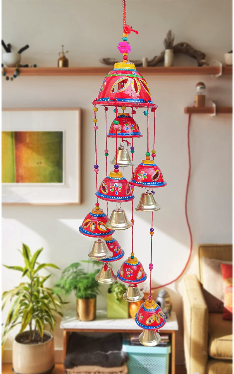AIVIK Rajasthani Painting Design, Home Decor Long 7 Bells Wall Hanging Decorative showpice Wind Chimes for Home Balcony Garden Indoor and Outdoor Set of 1 - Image 1