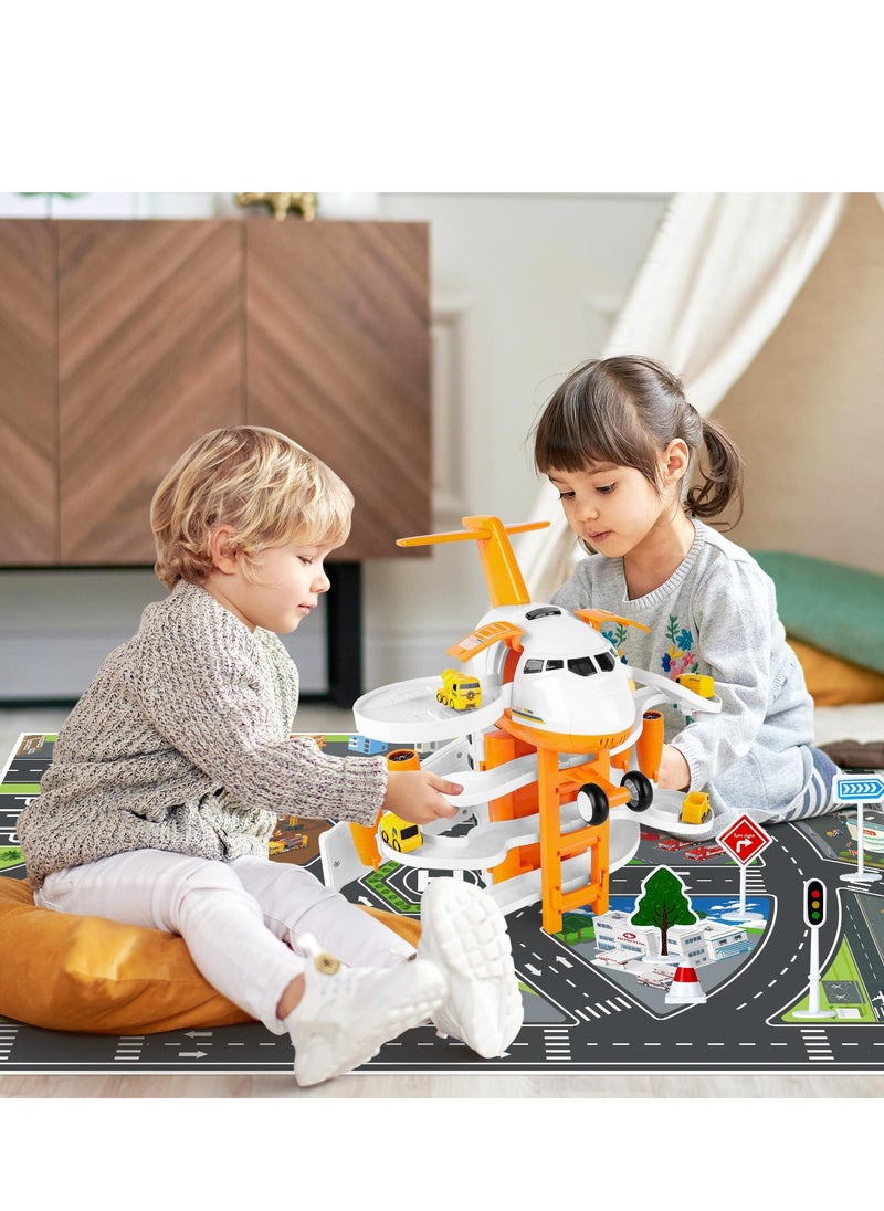 XiuWoo Transport Cargo Airplane Toys Set with Music and Light, Kids Race Track Car Toys with 7 City Cars and Garage Parking Lot Playmat, Aeroplane Toys for 3-6+ Years Old Kids, Orange  - Image 2