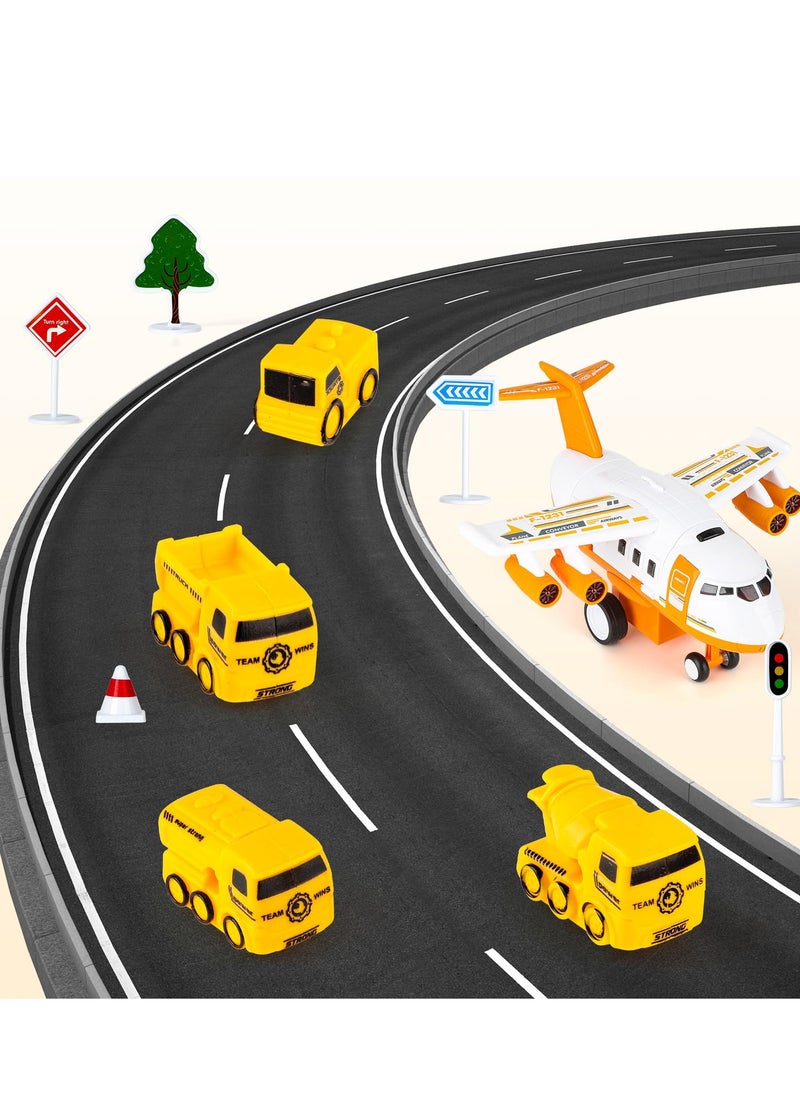 XiuWoo Transport Cargo Airplane Toys Set with Music and Light, Kids Race Track Car Toys with 7 City Cars and Garage Parking Lot Playmat, Aeroplane Toys for 3-6+ Years Old Kids, Orange  - Image 3