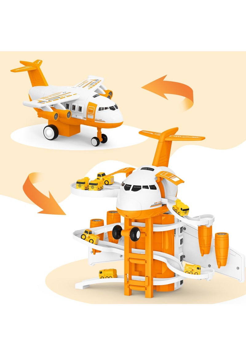 XiuWoo Transport Cargo Airplane Toys Set with Music and Light, Kids Race Track Car Toys with 7 City Cars and Garage Parking Lot Playmat, Aeroplane Toys for 3-6+ Years Old Kids, Orange  - Image 4