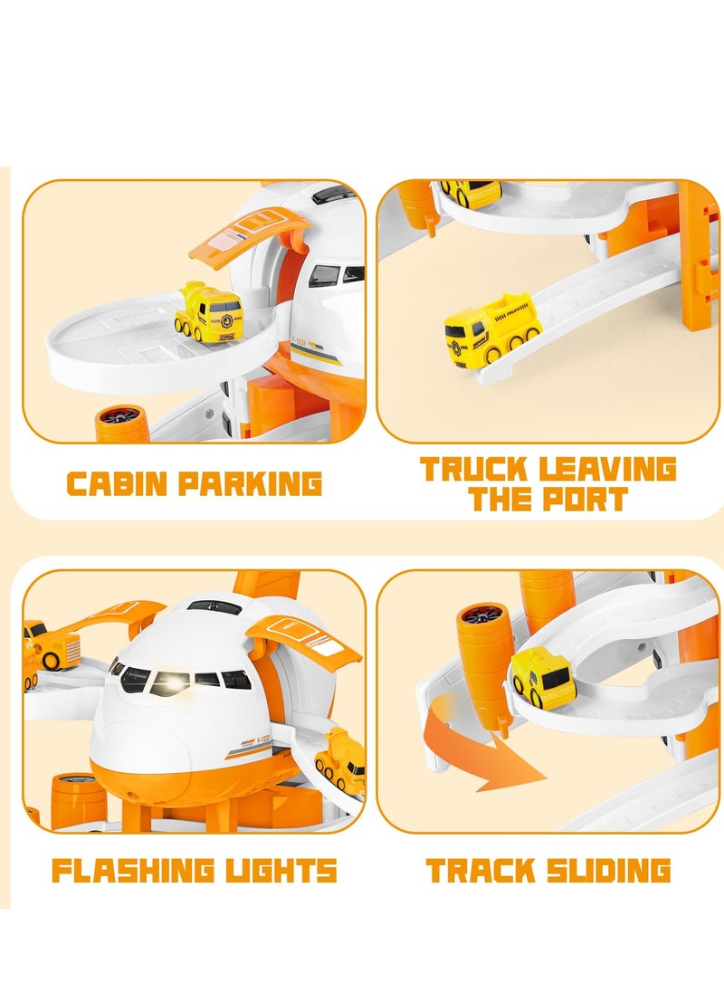 XiuWoo Transport Cargo Airplane Toys Set with Music and Light, Kids Race Track Car Toys with 7 City Cars and Garage Parking Lot Playmat, Aeroplane Toys for 3-6+ Years Old Kids, Orange  - Image 5