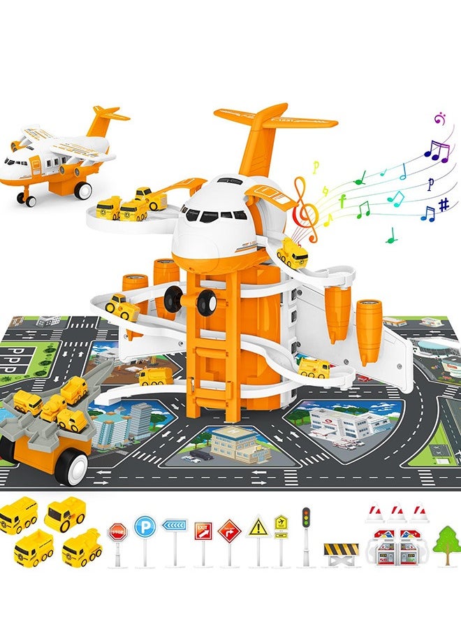 XiuWoo Transport Cargo Airplane Toys Set with Music and Light, Kids Race Track Car Toys with 7 City Cars and Garage Parking Lot Playmat, Aeroplane Toys for 3-6+ Years Old Kids, Orange  - Image 1