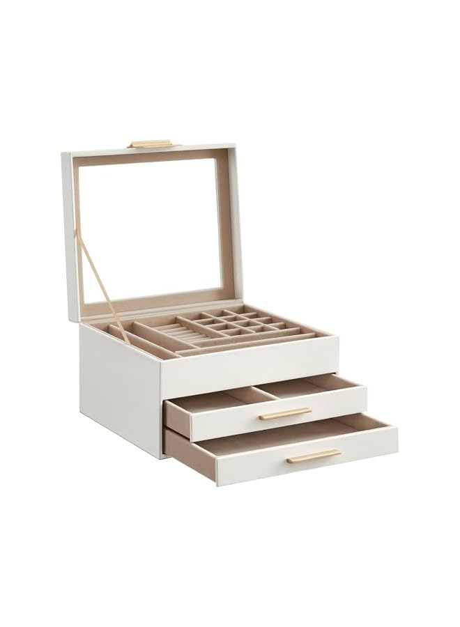 The Bros Jewelry Box Organizer with Glass Lid,2 Drawers, 3-Layer Jewellery Organizer boxes, for Big and Small watch case, Jewellery Box for Women, Mothers Day Gift White - Image 2