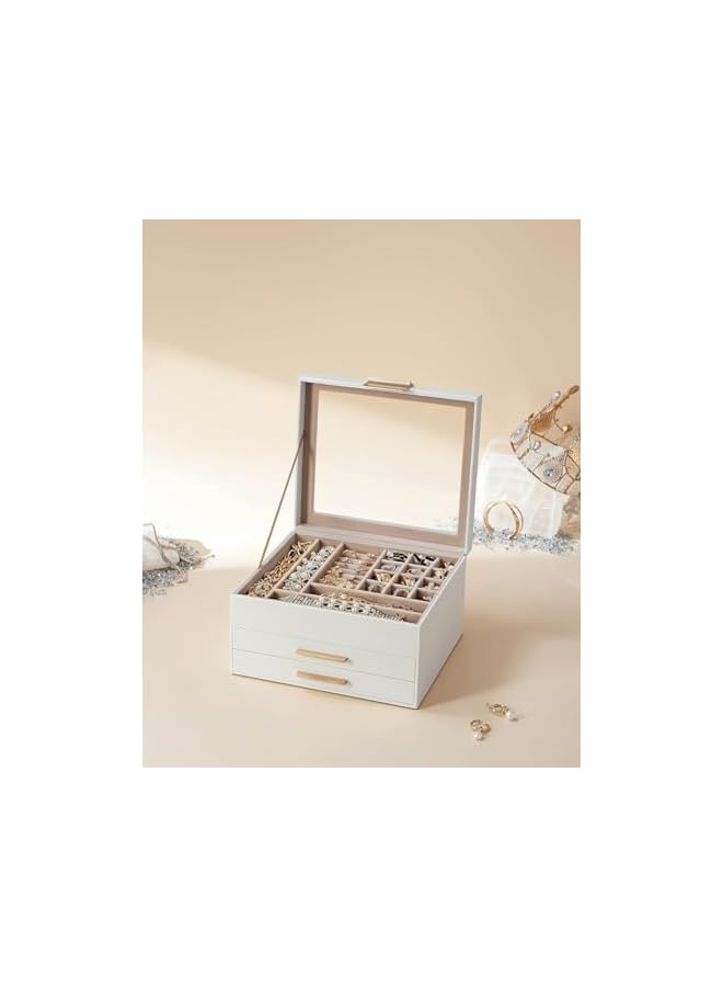 The Bros Jewelry Box Organizer with Glass Lid,2 Drawers, 3-Layer Jewellery Organizer boxes, for Big and Small watch case, Jewellery Box for Women, Mothers Day Gift White - Image 4