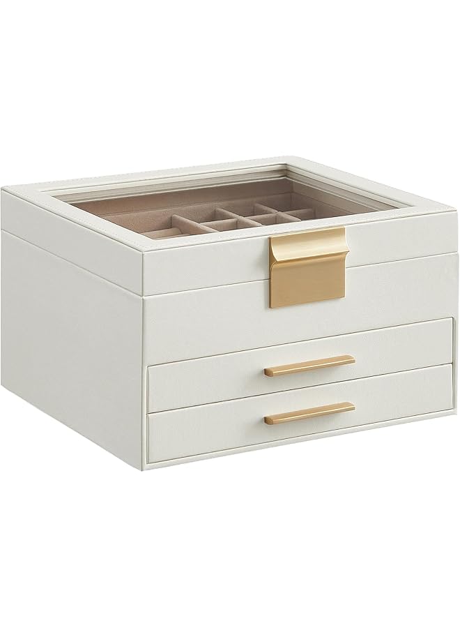 The Bros Jewelry Box Organizer with Glass Lid,2 Drawers, 3-Layer Jewellery Organizer boxes, for Big and Small watch case, Jewellery Box for Women, Mothers Day Gift White - Image 1