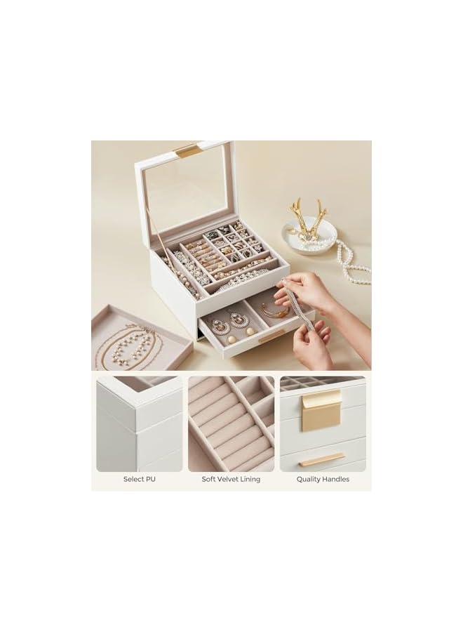 The Bros Jewelry Box Organizer with Glass Lid,2 Drawers, 3-Layer Jewellery Organizer boxes, for Big and Small watch case, Jewellery Box for Women, Mothers Day Gift White - Image 5