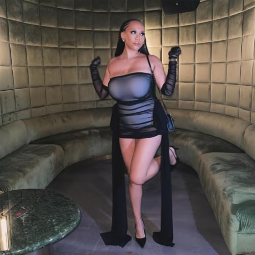 Uni Clau Black Sexy Off Shoulder Mesh Sheer Y2k Tube Mini Dress for Women Ribbon Bodysuit Party Club Birthday Dresses Date Night - Image 2